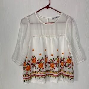 Peasant Floral Embroidered White Poly Blend Blouse 3/4 Sleeves Bohemian Size MP